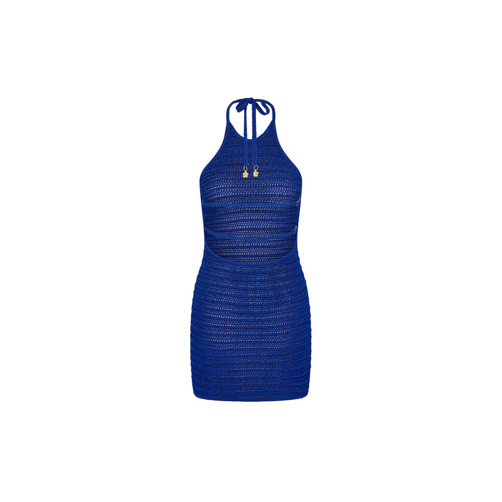 Metallic Knit Halter Mini Dress - Blue Lagoon