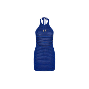 Metallic Knit Halter Mini Dress - Blue Lagoon