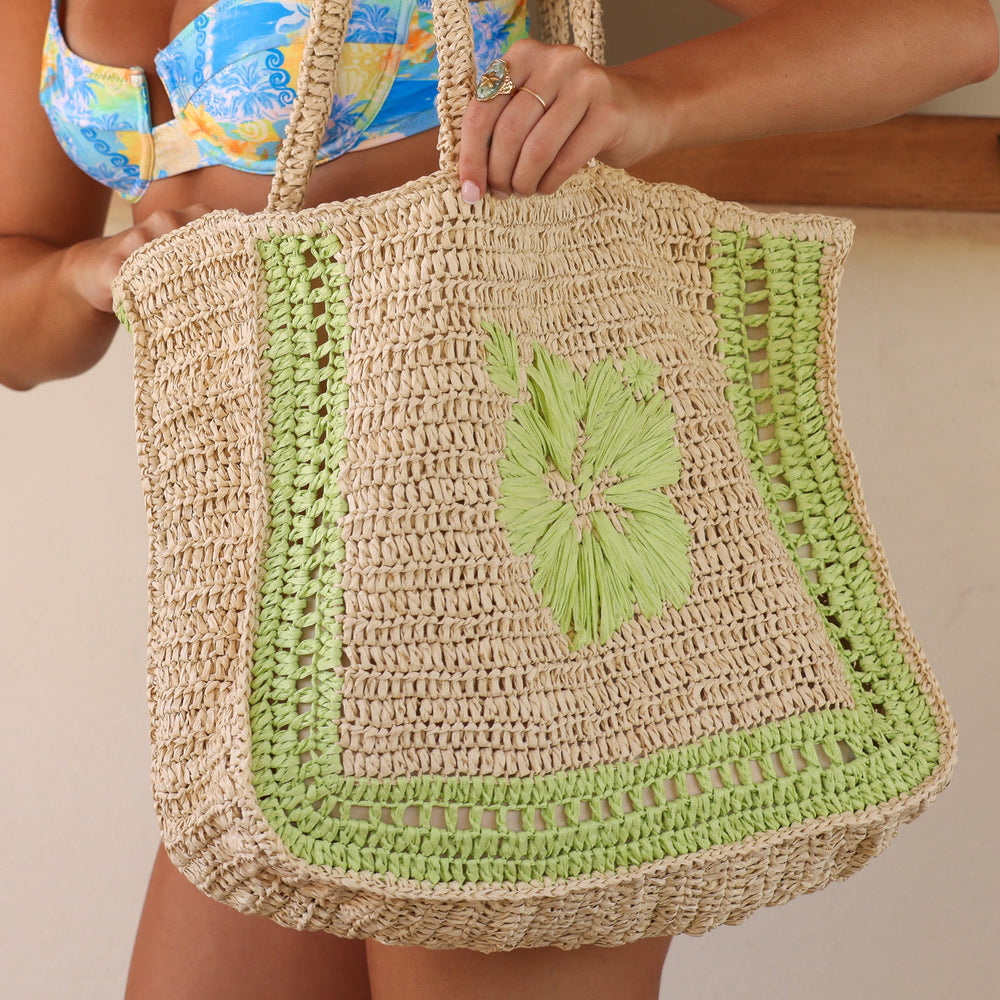 Hibiscus Straw Tote Bag - Pine Lime