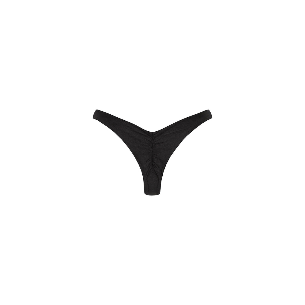 Gathered Deep V Thong Bikini Bottom - Twilight Black