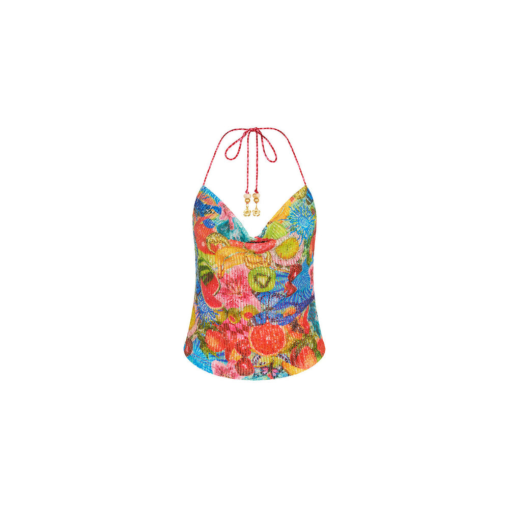 Sequin Cowl Halter Neck Top - Cherry Spritz