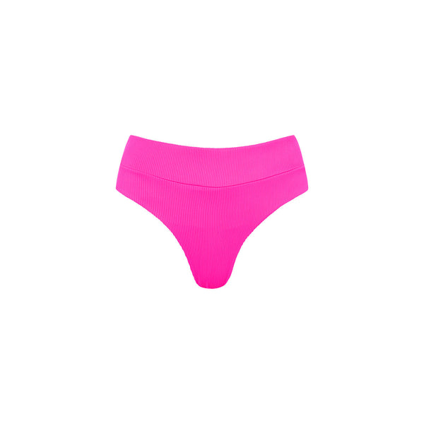 High Waist Cheeky Bikini Bottom - Flamingo Pink Ribbed