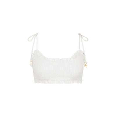 Ruffle Shirred Tie Crop - White