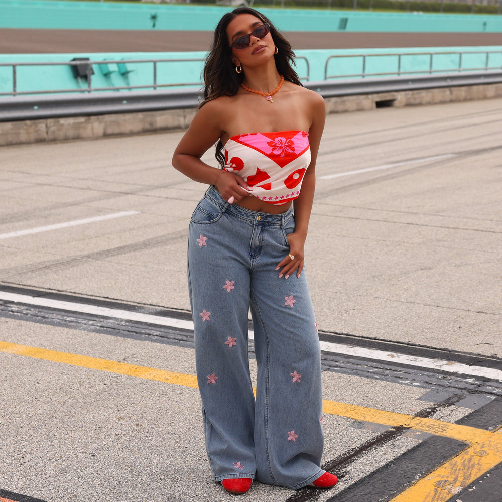 Straight Leg Embroidered Jean - Blossom Sky