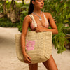 Straw Beach Tote Bag - Natural Hibiscus